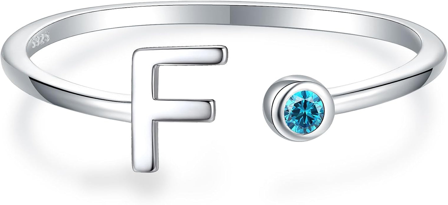 925 Sterling Silver Initial Letter Birthstone Rings for Women Adjustable 1-12 Month Birthstone Alphabet Stacking Ring for Teens Girls Stackable Birthstone Rings Birthday Jewelry Gift for Daughter Mom