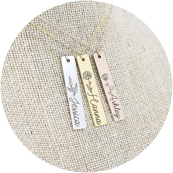 Personalized Flower Name Necklace Custom Engraved Bar Pendant Stainless Steel Floral Nameplate Jewelry Adjustable Cable Chain Gift for Her Women Mother Daughter Keepsake