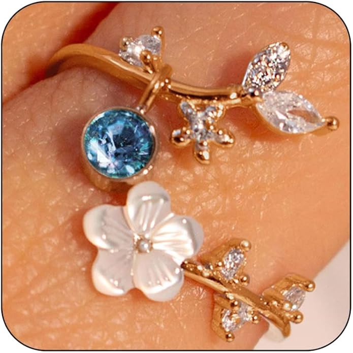 Birthstone Flower Rings For Women Non Tarnish Gemstone Cubic Zirconia Mother of Pearl Adjustable Size 7-11 Silver Rose 14K Gold Plated Birth Jewelry Gift For Birthday