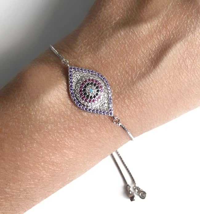 SIFRIMANIA Evil Eye Adjustable Sliding Bead Shiny Bracelet Lucky Charms Jewelry for Women of All Ages