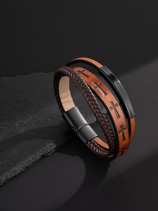 Mens Leather Cross Bracelet Multilayer Braided Wristband Bangle Bracelets with Stainless Steel Buckle Religious Gift for Men Brown/Black/Blue–8.3 inch
