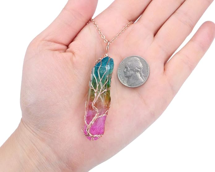 PESOENTH Crystal Necklace Life Tree Rainbow Quartz Gemstone Healing Stone Rose Gold Wire Wrap Necklace Crystal Jewelry Spiritual Gifts for Women