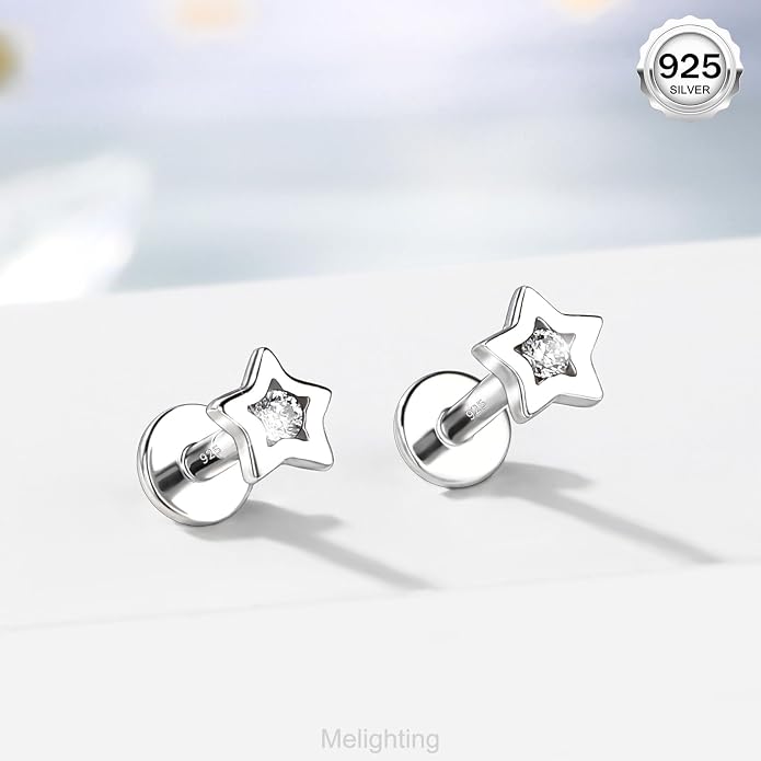 Melighting 16G Sterling Silver 925 Helix Earring Internal Thread 6/8 mm Heart Flat Back Earring Star Lip Stud Labret Cartilage Lip Piercing Jewelry for Women