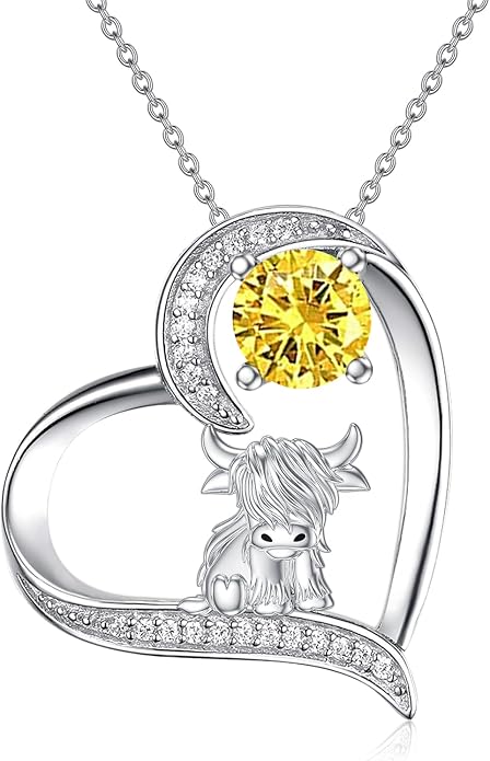 Highland Cow Gifts for Women 925 Sterling Silver Highland Cow Birthstone Necklace Fluffy Cow Jewelry Gifts Birthday Christmas