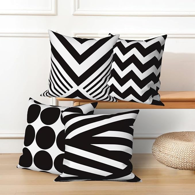 4 Pcs/Set Geometric Pillow Covers Black Winding Strips Circle Minimalist Geometry Retro Line Linen Throw Pillow Covers for Sofa Bedroom Outdoor Decorative, 24"x24", Black White