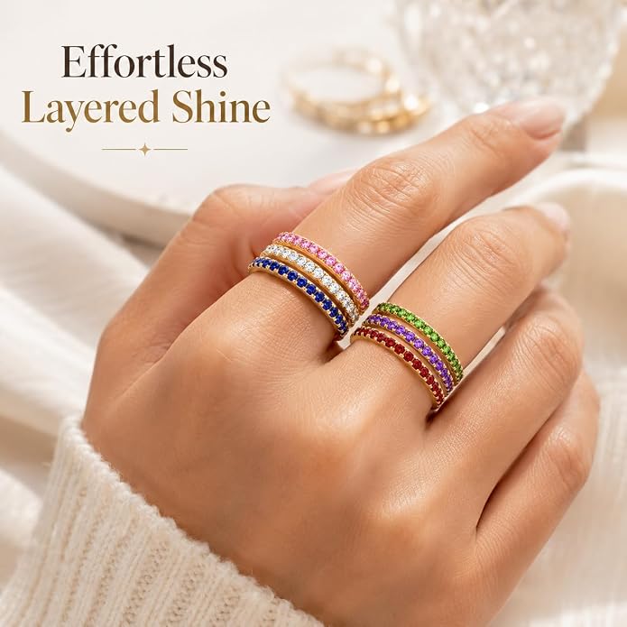 Birthstone Rings For Women, Silver Stackable Cubic Zirconia Stainless Steel Birth Stone Ring To My Daughter/Mom Birthday Unique Gifts Jewelry