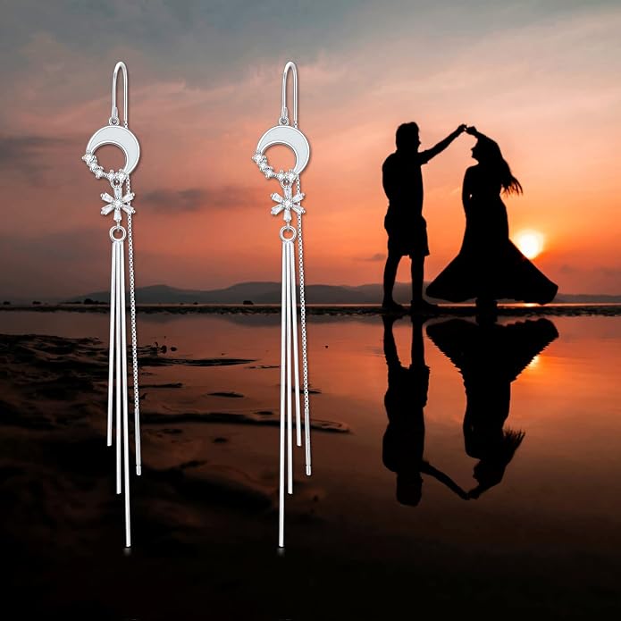 VONALA Moon Star Threader Earrings Sterling Silver Long Earrings for Women Hypoallergenic Tassel Chain Earrings for Teen Girls
