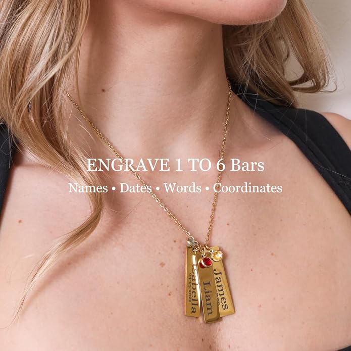 Custom Engraved 3D Vertical Pillar Bar Necklace – Personalized Name Pendant – 1 to 4 Sides – Non-Tarnish Stainless Steel – Gold/Silver – Adjustable Chain – Gift for Her, Mom/Dad With Kids Names
