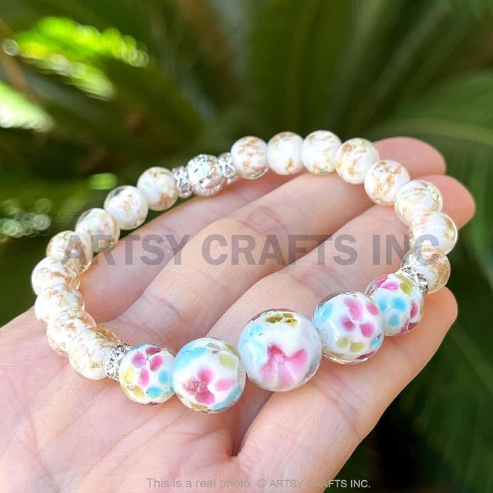 ARTSY Crafts Lily Garden Glow in the Dark Firefly Bead Bracelets Necklaces, Handmade in USA Murano Glass Jewelry, Flower Luminous Beads Mermaid Crystal Bracelet Bangle