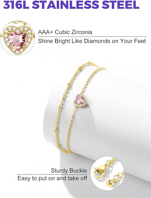 Richsteel Double Layer Heart/Butterfly Birthstone Anklet for Women Non Tarnish Waterproof, Silver/Gold/Black Stainless Steel 8.5-10.5 Inch Adjustable Chain Anklets Jewelry Gifts for Her