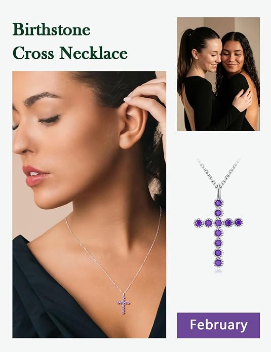 Sterling Silver Cross Necklace for Women Birthstone Religious Jewelry
