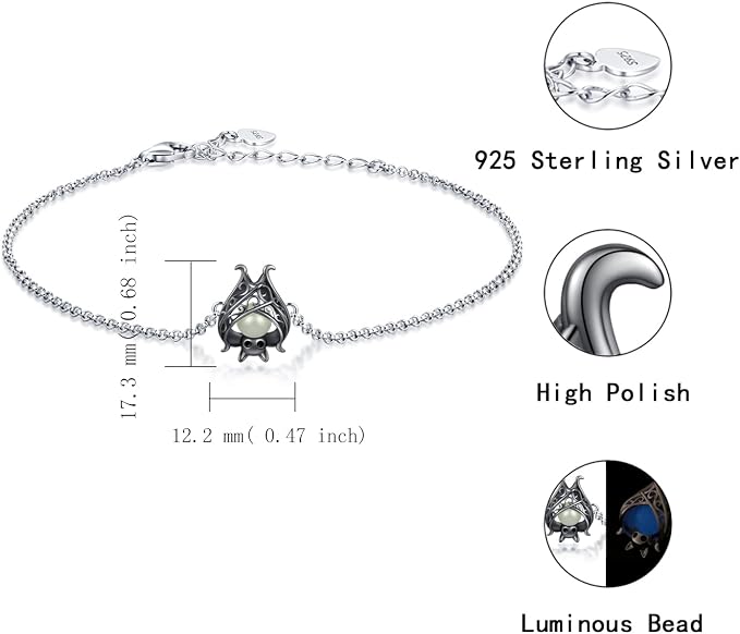 APOTIE 925 Sterling Silver Bat Necklace Bracelet Cute Animal Glowing in the Dark Halloween Jewelry Gift for Women Girl