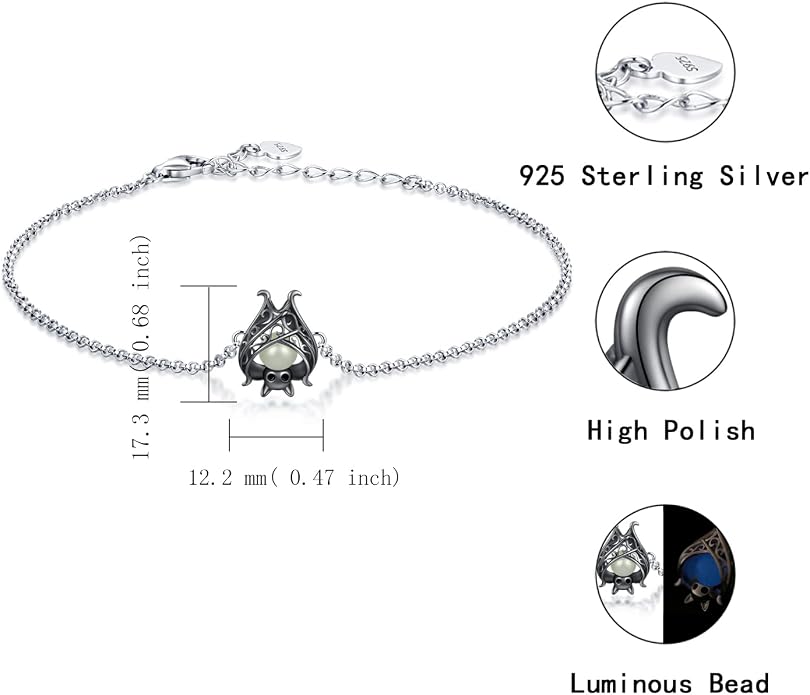 Cute Bat Bracelet Sterling Silver Glowing in The Dark Animal Bracelet Little Witchy Vampire Halloween Jewelry Gift for Women