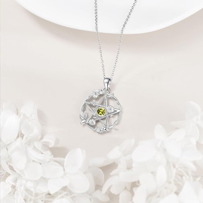 Birthstone Pentagram Necklace for Women 925 Sterling Silver Pentacle Daisy Pendant Pentacle Jewelry Birthday Gifts