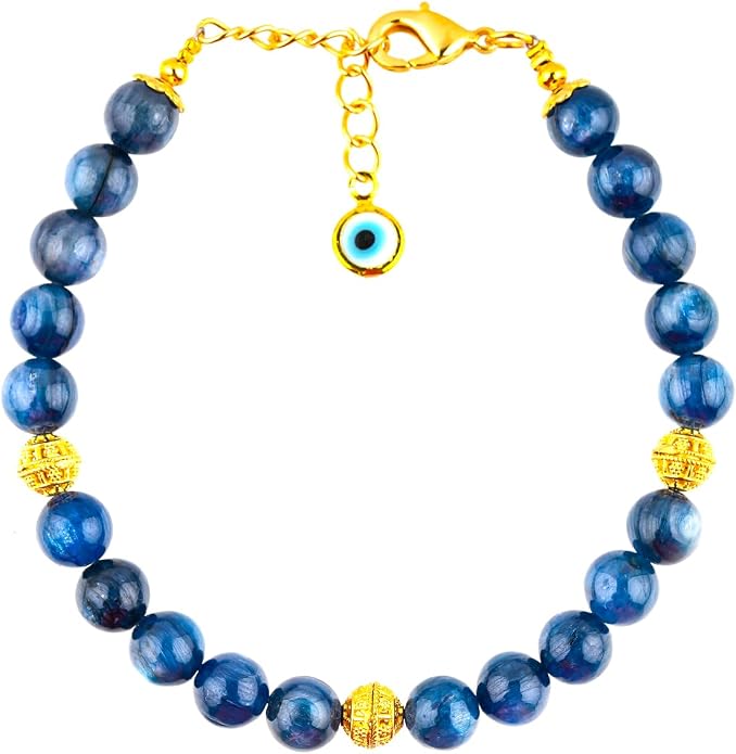 AAA Grade Natural Gemstone Beaded Bracelet, 14K Gold Plated with Evil Charm, Wicca & Reiki Healing Crystals, Handmade Bohemian Jewelry, Christmas Gift for Women (7+1inch)