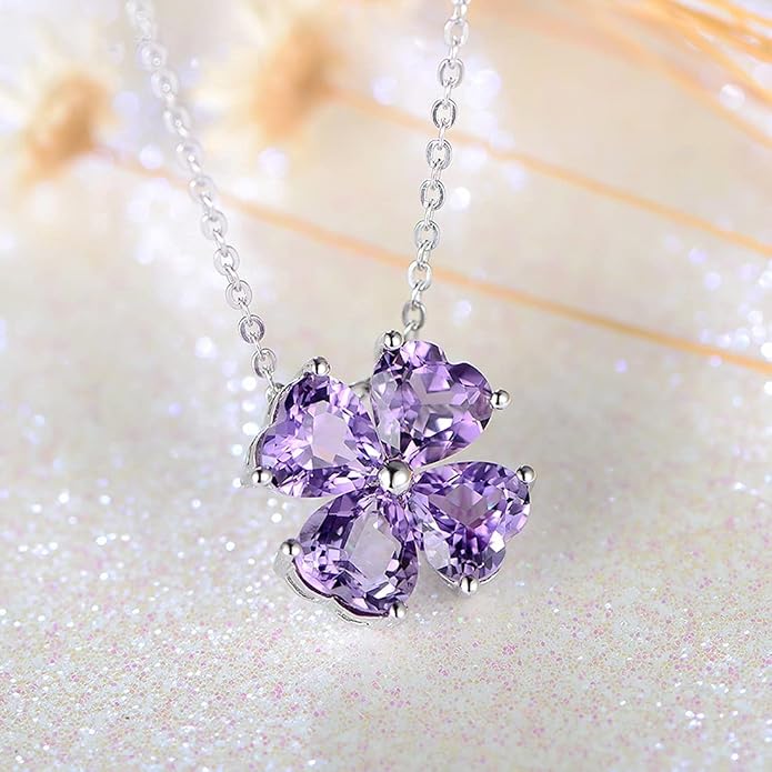 JIANGXIN Colorful Birthstone 925 Sterling Silver Handmade Pendant Necklace for Women Lucky Four Leaf Clover Plant Shamrock Jewelry Rhodium Plated