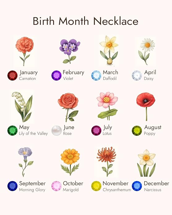 Birth Flower Birthstone Necklace for Women: Solid 925 Sterling Silver 14K Gold Plated Hypoallergenic Non-tarnish, Birth Month Flower Necklace Personalized Birthday Gifts for Wife Girlfriend Daughter