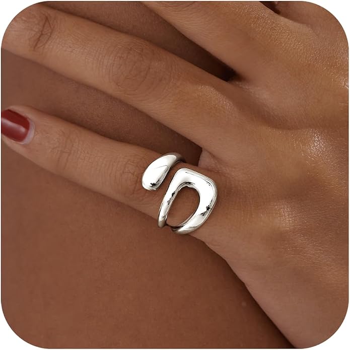 Gelbesty Waterproof Gold Statement Rings for Women, 14K Gold Plated Chunky Open Stackable Rings Non Tarnish Fashion Adjustable Stainless Steel Pinky Knuckle Signet Vintage Ring Jewelry Size 5-11