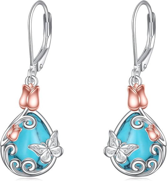 AOBOCO Teardrop Dangle Earrings for Women 925 Sterling Silver Moonstone Flower Filigree Leverback Jewelry Birthday