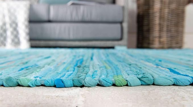 Unique Loom Chindi Cotton Collection Soft Hand Woven Natural Fiber Striped Area Rug, 2 ft 2 in x 3 ft, Turquoise/Ivory