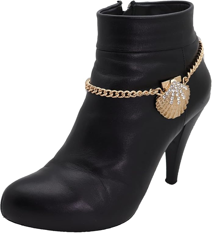 Women Western Fashion Jewelry Gold Metal Boot Chain Bracelet Shoe Anklet Bling Seashell Charm Vacation PAIR BC151