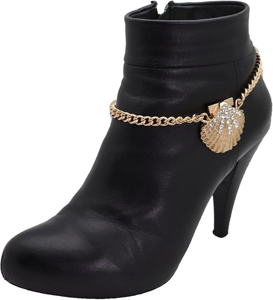 Women Western Fashion Jewelry Gold Metal Boot Chain Bracelet Shoe Anklet Bling Seashell Charm Vacation PAIR BC151