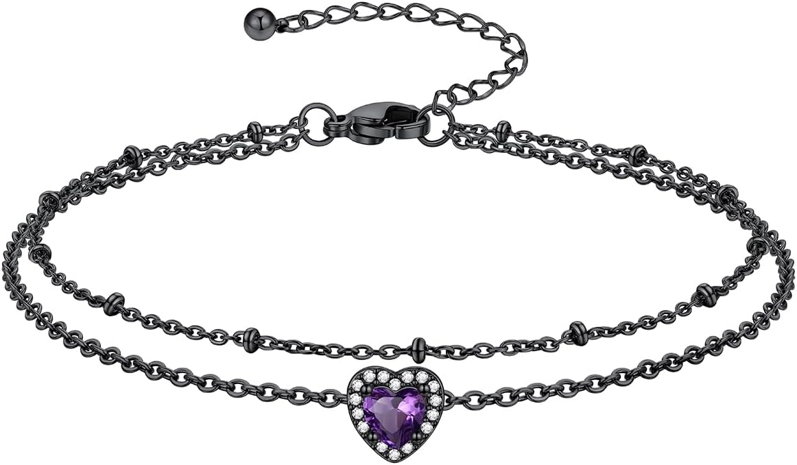 Richsteel Double Layer Heart/Butterfly Birthstone Anklet for Women Non Tarnish Waterproof, Silver/Gold/Black Stainless Steel 8.5-10.5 Inch Adjustable Chain Anklets Jewelry Gifts for Her