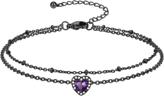 Richsteel Double Layer Heart/Butterfly Birthstone Anklet for Women Non Tarnish Waterproof, Silver/Gold/Black Stainless Steel 8.5-10.5 Inch Adjustable Chain Anklets Jewelry Gifts for Her
