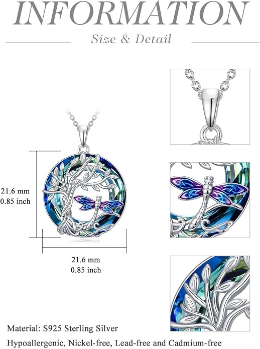 TOUPOP Sterling Silver Tree of Life Hummingbird/Dragonfly/Owl/Panda Necklace Crystal Bird Jewelry Birthday Christmas Valentines Day Gifts for Her Girlfriend Mom