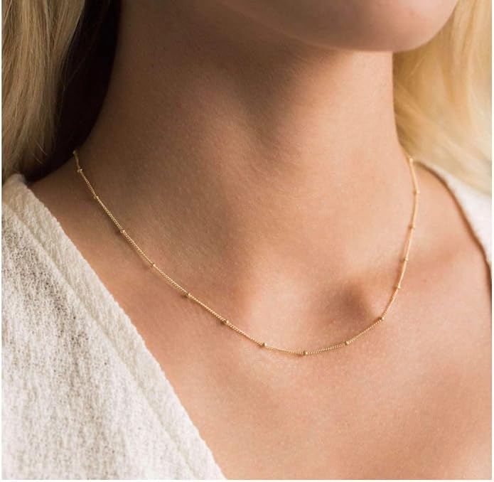 Adabele Solid 925 Sterling Silver Gold Filled White Gold Satellite Bead Station Chain Necklace Cute Dainty Thin Tarnish Resistant Hypoallgeneric Women Neck Jewelry