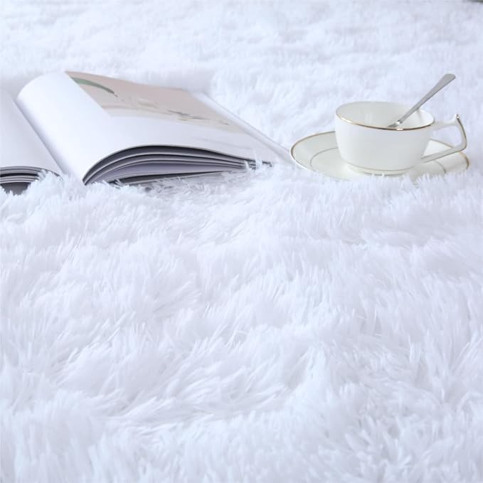 White Fluffy Area Rug 4x6 Bedroom - Ultra Soft Shag Carpet for Bedside | Pure Bright White - Perfect For Minimalist Bedrooms - Nurseries, And Christmas Photo Setups