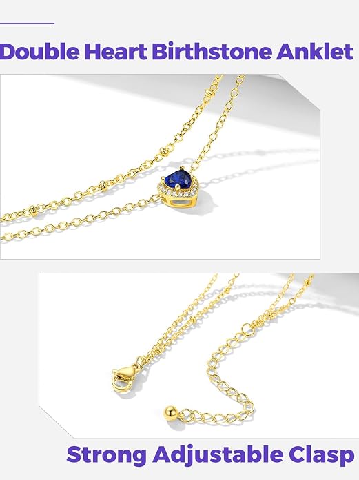 Richsteel Double Layer Heart/Butterfly Birthstone Anklet for Women Non Tarnish Waterproof, Silver/Gold/Black Stainless Steel 8.5-10.5 Inch Adjustable Chain Anklets Jewelry Gifts for Her
