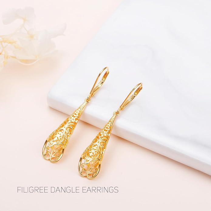 Sterling Silver Leverback Dangle Earrings for Women Teardrop Filigree 14K Gold Plated Dangly Earrings Mother’s Day Gift