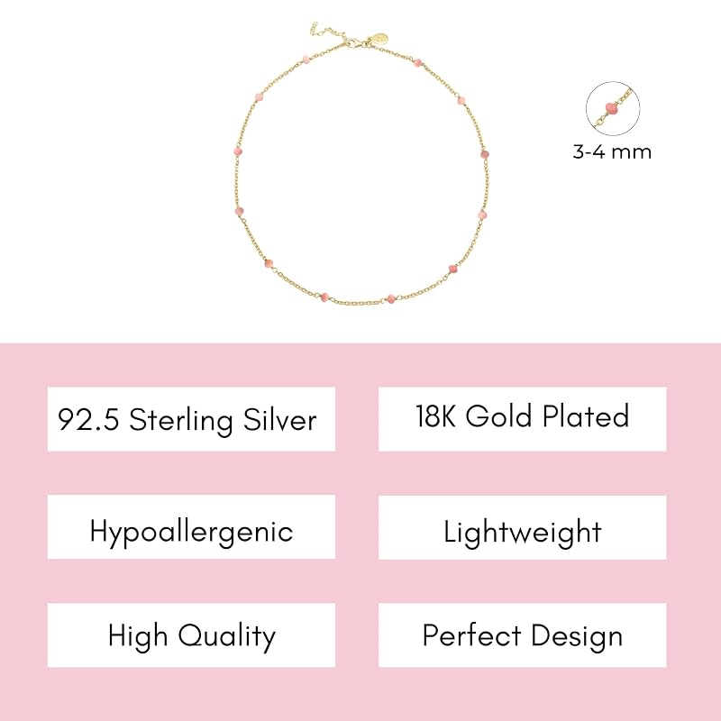Pink Opal Necklace for Women, Premium Beaded Gold Necklaces - Tarnish Free 18K Gold Vermeil Certified S925 Classic Statement Necklace Gold Jewelry for Women - Mothers Day Gifts for Mom Wife