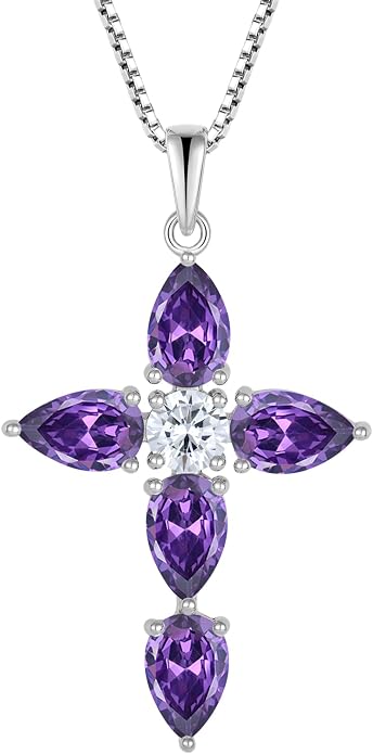 Cross Necklace for Women 925 Sterling Silver Teardrop Birthstone Pendant Religious Jewelry Gifts for Women