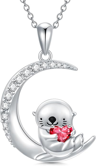 PROESS Animal Birthstone Necklace 925 Sterling Silver Otter/Axolotl/Hippo/Elephant/Dachshund/Monkey/Red Panda Pendant Necklace Animal Birthstone Jewelry Gifts for Women