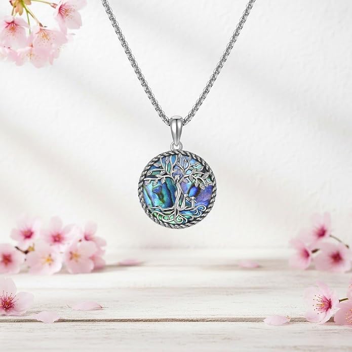 Tree of Life Necklace 18K White Gold Plated Tree of Life Abalone Shell/Crystal Pendant Necklace Family Tree Jewelry Gifts for Women Mothers Day Gifts