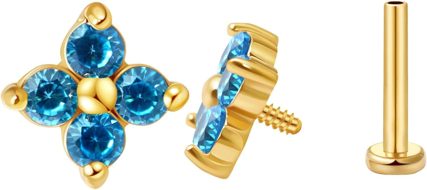 FANSING CZ Flower Internally Threaded Flat Back Earring Labret Stud for Cartilage Tragus Helix Conch