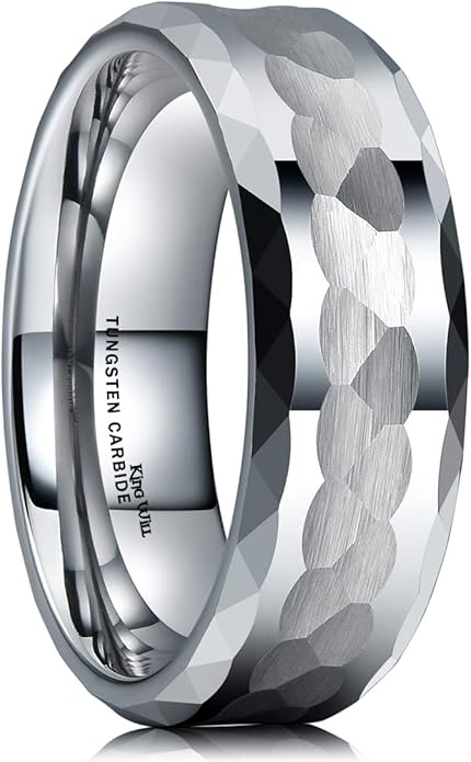 King Will Hammered 8mm Silver Tungsten Ring Hammer Men Wedding Band Comfort Fit