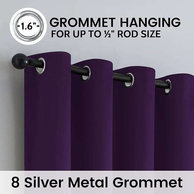 SimpleHome Purple 100% Blackout Curtains Room Darkening Living Room 63 Inch | Curtains for Bedroom,Thermal Insulated Grommet Window Drapes,Curtains for Living Room with Black Back,52 x 63 Inch,2 Panels