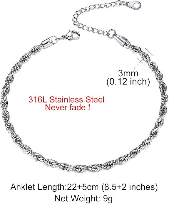 GoldChic Adjustbale Link Chain Anklet for Women Summer Jewelry, 316L Stainless Steel Figaro/Wheat/Twist Rope/Cuban Foot Bracelet-Waterproof, Resizable 9"-12" (Gift Box Included)