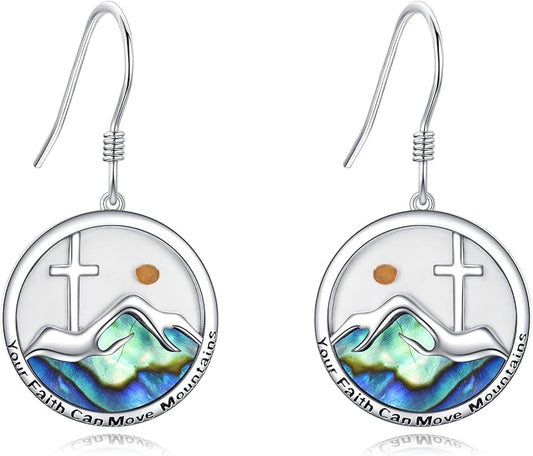 AOBOCO Mustard Seed Earrings for Women Sterling Silver Mountain Cross Earrings Dangle Christian Religion Jewelry Mothers Day Birthday for Mom Wife Friends