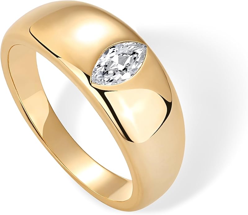 PAVOI 14K Gold Plated Chunky Dome Statement Ring for Women | Marquise Cubic Zirconia Dome Ring | Thick Stackable Bands (Yellow Gold, 6)