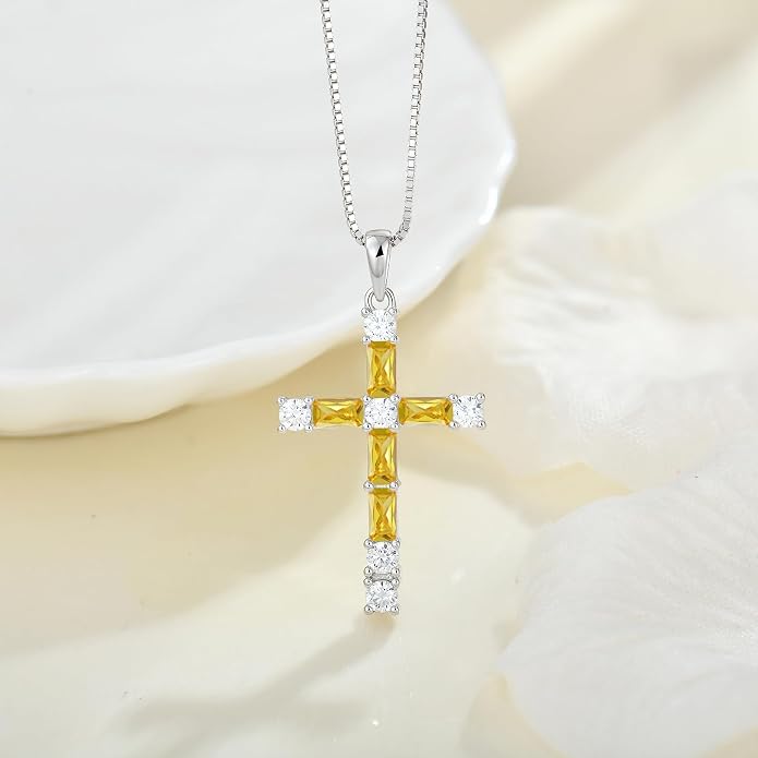 Birthstone Cross Necklace for Women 925 Sterling Silver Christian Religious Crucifix Pendant Rectangular Cut Birthstone Jewelry Gifts for Her