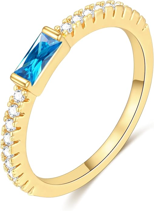 RLMOON Birthstone Gold Rings for Women Non Tarnish 14K Gold Plated Eternity Stackable Rings Dainty CZ Gemstone Engagement Rings Wedding Band Jewelry Gifts Size 4-10