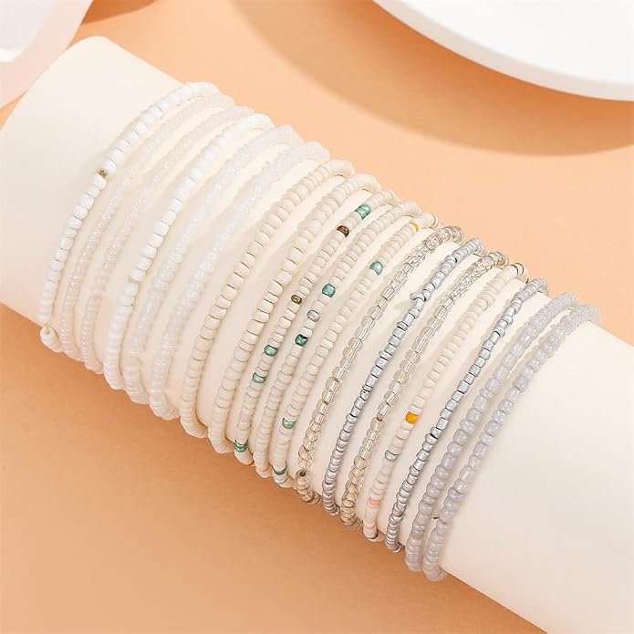 Fuqimanman2020 18Pcs Boho Stackable Beaded Bracelets for Women Colorful Handmade Multilayered Rice Beads Anklets Set Summer Beach Bohemian Jewelry Gift