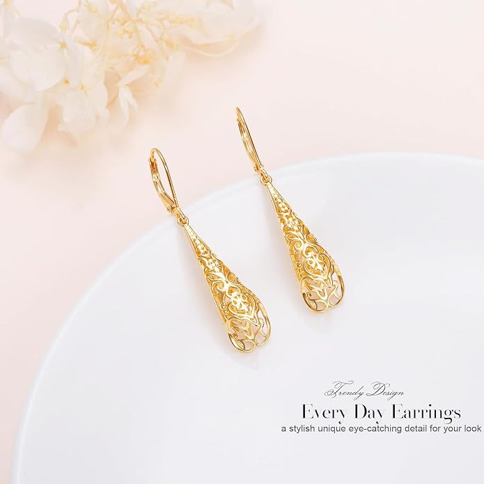 Sterling Silver Leverback Dangle Earrings for Women Teardrop Filigree 14K Gold Plated Dangly Earrings Mother’s Day Gift