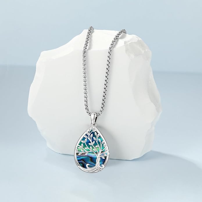 Aniu Tree of Life Necklace for Women, 925 Sterling Silver Mother of Pearl Family Palm Tree Charm Pendant Jewelry for Birthday Christmas Gift