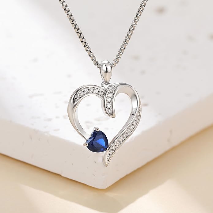 Love Heart Necklace for Women, 925 Sterling Silver Cubic Zirconia Birthstone Heart Pendant Jewelry Gift for Mom, Mother, Wife, Girlfriend on Birthday, Mother's Day, Chain 18 inch