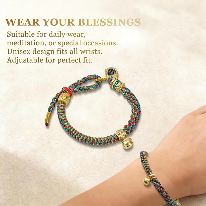 Tibetan Blessed Wealth Charm Rope Bracelet, Red String Bracelet with Om Mani Padme Hum, Carved Zakiram Goddess of Wealth Amulet Bracelet, Adjustable Buddhist Braided Lucky Peace Knot Bracelet, Includes Gift Box